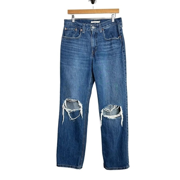 Levi’s Womens Low Pro Straight Jeans Size 30 Blue Medium Wash Distressed Cotton - Picture 2 of 10